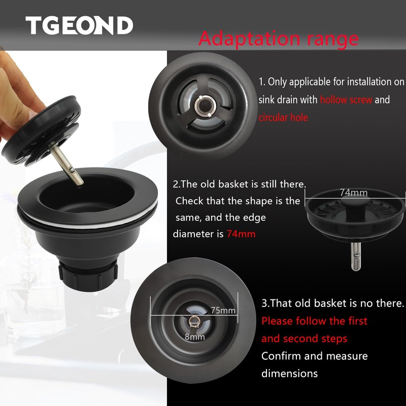 Black Kitchen Sink Drain Basket Strainer Stopper Replacement for Polymer