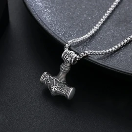 925 Sterling Silver Thors Hammer Mjolnir Necklace Norse Viking Jewelry with Stainless Steel Chain
