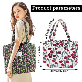 WisePoint Large Tote Bag, Cotton Shopping Bags Shoulder Bag Handbags for women, Lightweight Beach Tote Bag with Flower Pattern for College, Shopping, Work, Travel(tulips)