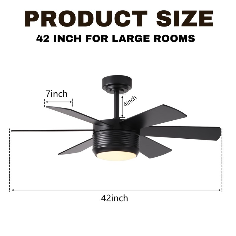 SHOWDI 42 Inch Ceiling Fan with Lights and Remote, 6