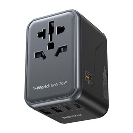 MOMAX 6-in-1 Universal Travel Adapter, GaN 70W International Power Adapter, 3 USB-C PD Fast Charging & 2 USB-A QC, 1 AC, All-in-one International Plug Adapter for Travel European UK AUS JP