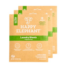 Happy Elephant Laundry Detergent Sheets - Ultra Concentrated, Eco Sheets, Soap, High Efficiency, Power Clean, No Plastic Jug, Front Load Top Load Hand Wash - Fragrance Free - 6 Count (Pack of 3)