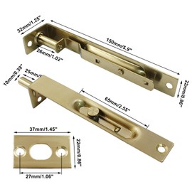 Kyuionty 2 Pack 6 Inch Stainless Steel Door Flush Bolt Latch, French Door Lock Latch L Type Lever Action Flush Bolt (Antique Gold)