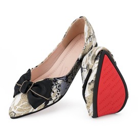 Hxlber Black Flats for Women Pointed Toe Bow Embroidery Ballet Comfortable Dressy Slip On Flat Shoes Size 10.5