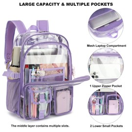 Kouxunt Clear Backpack Heavy Duty Transparent Backpacks Stadium Approved for School Work Sport Travel (Lavender Purple)