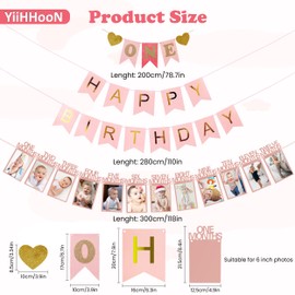 1st Birthday Photo Banner, Pink One Birthday Decorations, Happy Birthday Banner Monthly Photo Banner and High Chair Banner Adorable First Birthday Decorations for First Year Celebration