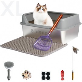 Stainless Steel Cat Litter Box with Lid,Large Litter Box for Large Cats with Side Entry,Kitty Litter Pan High Sided,Anti-Urine Leakage,Easy to Clean,Included Scoop,Litter Mat&Fish Toy,Brush