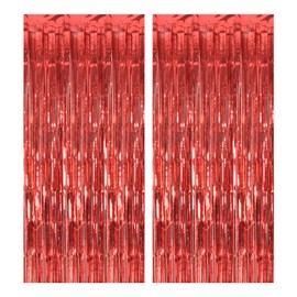 Red Foil Fringe Curtain Backdrop Curtain, Red Tinsel Curtain Party 3.28 ft x 6.56 ft, 2pcs Shiny Red Backdrop Curtains for Parties, Red Streamers Backdrop, Red Foil Curtain. (Red)