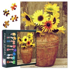 Flowers 1000-Piece Jigsaw Puzzle - 50x70cm Mindfulness Puzzles for Adults, Rustic Yellow Sunflower in Brown Vase,Vintage Art Design with Intricate Details, Unique Gift for Parlour Games