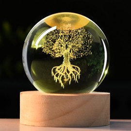IFOLAINA Tree of Life Crystal Ball with Lighted Base Laser Engraved Glass Ball Tree of Life Night Light Decorative Globes 3D Crystal Plant Sphere Gifts for Her Birthday