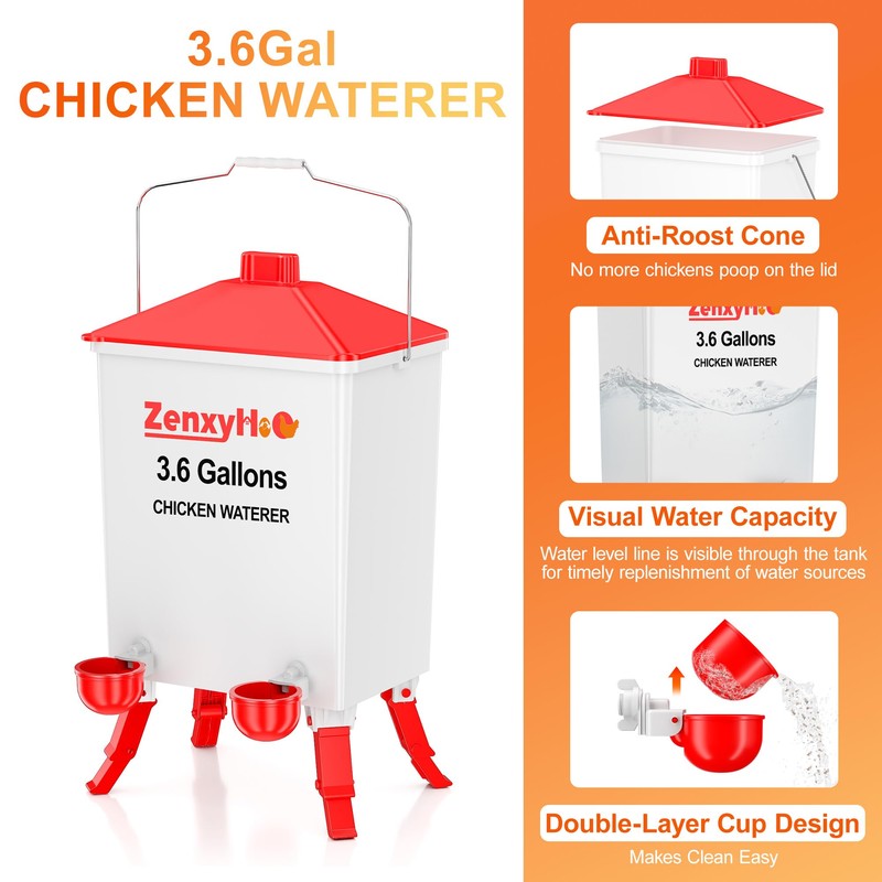 ZenxyHoC 3.6 Gal Chicken Waterer with Anti-Roost Cone, 3 Height