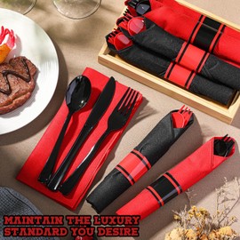 Lasnten 50 Pcs Halloween Pre-rolled Red and Black Plastic Silverware Set for 50 Guest Disposable Plastic Gothic Cutlery Set with Napkins for Halloween Birthday Wedding Retirement Party Supplies