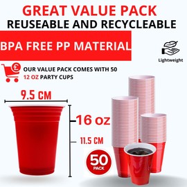 WORCOFY® Red Solo Party Cups - Plastic Cups Party Solo Cups 50Pcs (16oz) for Christmas Party and American Game, Plastic Red Cups Disposable, Reusable and Recyclable PP Material (16oz)