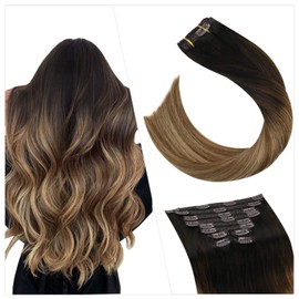 Ugeat 7PCS Clip in Hair Extensions Invisible #2/6/12 Balayage Brown to Blonde Natural Hair Extensions Clip in Human Hair 22inch Lace Weft Hair Extension Clips for Women 100g Per Pack