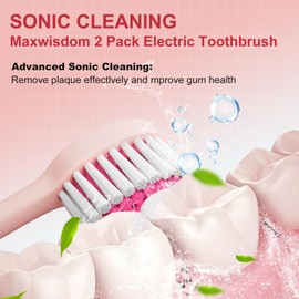 MAXWISDOM 2 Pcs Toothbrush Electric with Holders, 12 Sonic Toothbrush Heads Replacement, 6 Modes, IPX7 Waterproof, Smart Timer, 2 Hours Charge for 60 Days (Pink & White)
