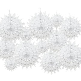 Time to Sparkle 12 Pack Mix Tissue Paper Fan Party Fan Snowflake Christmas Wedding Decoration Fan Mix-White