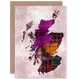 Wee Blue Coo Map Stylised Colourful Tartan Tweed Scotland Sealed Greeting Card Plus Envelope Blank inside