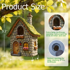 Moss Roof Stone Cottage Bird House, Handcrafted Resin Hanging Birdhouse with Natural Stone & Flower Details, Waterproof Outdoor Nest Box for Wild Birds, Rustic Garden Decor