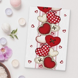 Fuasei Valentines Love Heart Kitchen Towels, Red and White Valentines Dish Towels Tea Towels, Valentine Hand Towels for Bathroom, Valentines Kitchen Bathroom Decor, 16x24 Inch