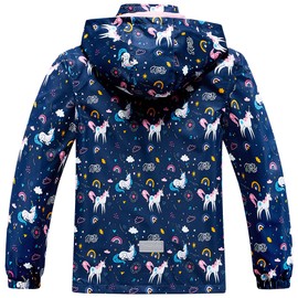 Girls' Rain Jacket, Raincoat with Hood, Children's Outdoor Waterproof Jacket, Softshell Jacket, Cartoon Transition Jacket, Hooded Wind Jacket, Lightweight for Spring and Autumn, Navy Unicorn