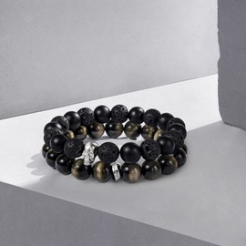 AWNL Men's Double Strand Bracelet Sterling Silver Skull Charm Natural Gemstones Black Onyx Volcanic Obsidian Healing Protection Beads Bracelet Gift for Men, 6.7''-7.1''