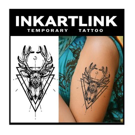 INKARTLINK Tattoo Tech, 2 Sheets Large Semi Permanent Tattoo, Adult Art Design Temporary Tattoos, Lasts 1-2 Weeks, Waterproof, Realistic Look, No Adhesive, No Reflection (Deer Deity Design)