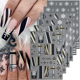 6sheets Snowflake Nail Art Stickers 3D Self Adhesive Christmas Nail Stickers for Nail Art Winter Black White Snowflake Nail Decals French Tip Nail Design Stickers for Women Girl DIY Nail Decoration