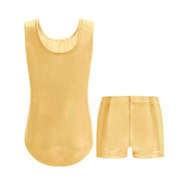 Nymphperi Gymnastics Leotards Size 6-7 Years Old Shiny Solid Gold Lightweight Bodysuits with Sparkly Shorts Suit for Children Theme Party
