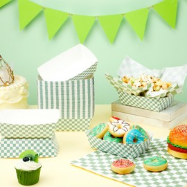 Geosar 200 Pcs Gingham Party Supply Disposable Paper Food Tray Bulk Disposable Food Boat with Checkered Wax Paper Sheet Checkered Wrapping Supply for Carnival Picnic Birthday Party (Green White)