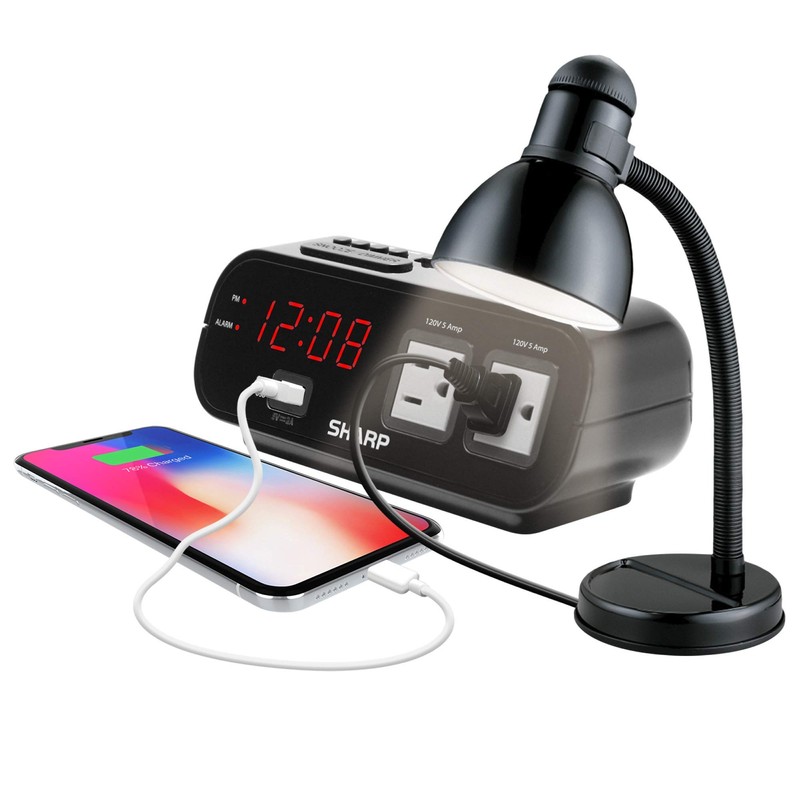 Sharp Digital Alarm Clock with 2X Power Outlets with Surge