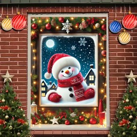 Saoplasa Christmas Party Banner 47x31 Inch Snowman Window Cover Holiday Decor Frosted Night Scene with Santa Hat Red Scarf Snowflakes Winter Wonderland Backdrop for Home Classroom Office