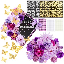 61 Pcs Graduation Cap Decorations Kits, Grad Cap Topper Decorations Includ Faux Flowers 3D Butterfly Bow Rhinestones Alphabet Letter Stickers for Graduation Cap Topper DIY Craft Art Decor (Purple)