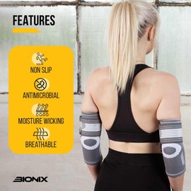 Bionix Elbow Brace Support - Adjustable Compression Strap - Breathable Elastic Arm Supports for Tendonitis, Arthritis, Golfers and Tennis Elbow - for Men and Women (Grey, S, Pack of 2)