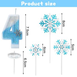 Glitzernde Zahlenkerze 4 mit Schneeflocken-Deko –Geburtstagskerze für Mädchen, Kerze 4 Geburtstag Kinder, Kerzen für Kuchen, Blau-weißer 3D-Glitzer & Tropfschutz