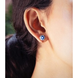 AOBOCO Sterling Silver Rose Flower Stud Earrings for Women with Birthstone Crystals (Simulated Sapphire)