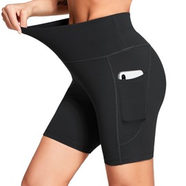 BALEAF Pantalones cortos de ciclista de cintura alta para mujer, 15,24 cm, con bolsillos, Negro, S