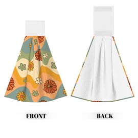 PDDCWAY Vintage Groovy Floral Hanging Kitchen Towels Boho Retro Daisy Hand Tie Towel Set of 2 Fast Drying Dish Tea Towels for Bathroom Toilet Gym Decor