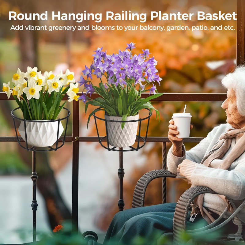 6 PCS Round Hanging Railing Planters, Hanging Flower Stand Iron