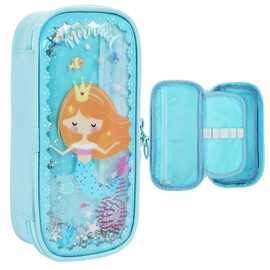 OFFCUP Pencil Case with 3 Compartments Waterproof Pencil Case Pens with Quicksand for School Office Large Capacity Pencil Case Zip for Children Teenagers Girls Adults, mermaid