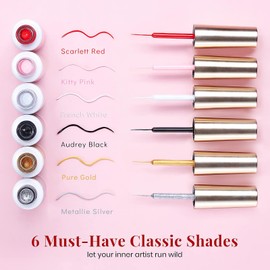 beetles Gel liner nail Polish 6 Pcs Black White Red Gold Silver Glitters Colors Paint Swirl Nail Art Polish Set