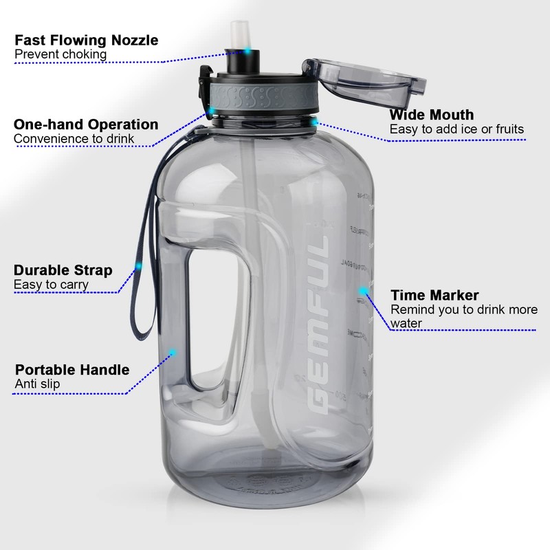 GEMFUL 3 Liter Water Bottle with Straw Time Marker Large