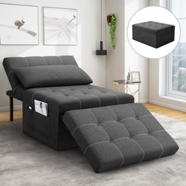 SEJOV Convertible Sofa Bed, 4 in 1 Multi-Function Folding Ottoman Breathable Linen Couch Bed w/Adjustable Backrest & Pillow, Modern Pull Out Sleeper Chair for Living Room Apartment Office, Black