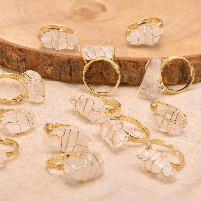 Wire Wrapped Natural White Quartz Crystal Rough Stone Ring, US