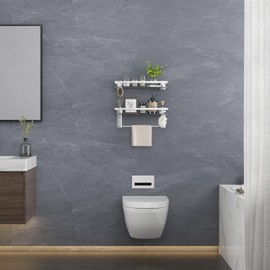 VOLPONE Glass Shelf for Bathroom 15.7 in Bathroom Shelves with Towel Bar Tempered Glass Shelves with 4 Removable Hooks for Wall（2 Tier）