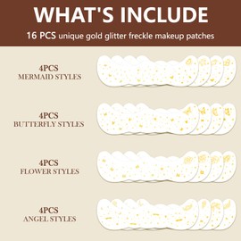 Cerlaza 16 Pcs Gold Glitter Freckles Face Tattoo, Golden Glitter Freckles Makeup Speckles Patches, Face Glitter for Women, Waterproof Temporary Fake Sparkle Freckles Makeup Patches