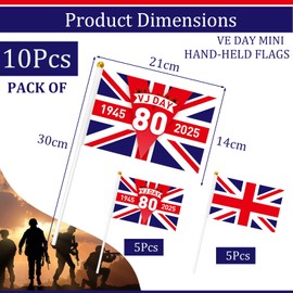 10Pcs Small VJ Day 80th Anniversary Flag on Sticks Flags,15th August VJ Day Hand Held Mini Stick Flag Decorations for 2025 80 Years Victory In Japan Decorations Hand Wave Flags Celebration