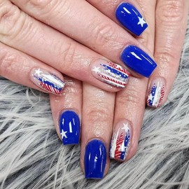 4th of July Press on Nails Coffin Medium Long Fake Nails Independence Nails Press ons White Stars Red Lines Glitter Design Dark Blue Glue on Nails July 4th False Nails Glossy Stick on Nails 24Pcs