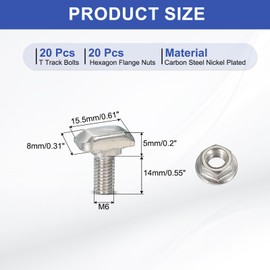 PATIKIL M6 x 16 mm T-Slot Bolts, 1 Set Drop-in Bolt Hammer Head with Hexagon Flange Nuts T-Bolt Stud Sliding Screw for 30 Series Aluminum Extrusion Profile, Silver