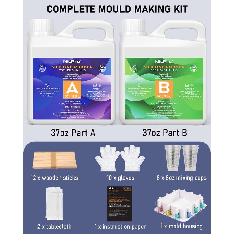 74oz Platinum Silicone Mold Making Kit with Molds Housing &