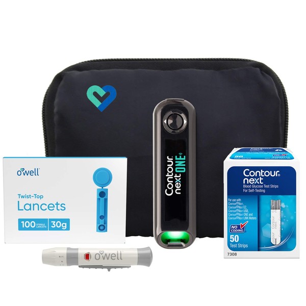 O Well Contour NEXT ONE Blood Glucose Kit, Contour NEXT ONE Meter, 50 Contour NEXT Blood Glucose Test Strips, 50 O Well Lancets, O Well Lancing Device, User Manual & Carry Case